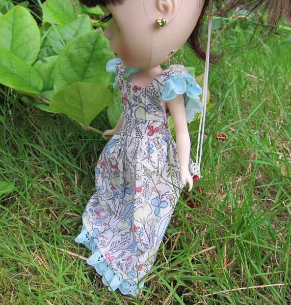 Blythe Dress Mori Girl Style with Pastel Flowers, Aqua Blue Lace for Neo  Dolls