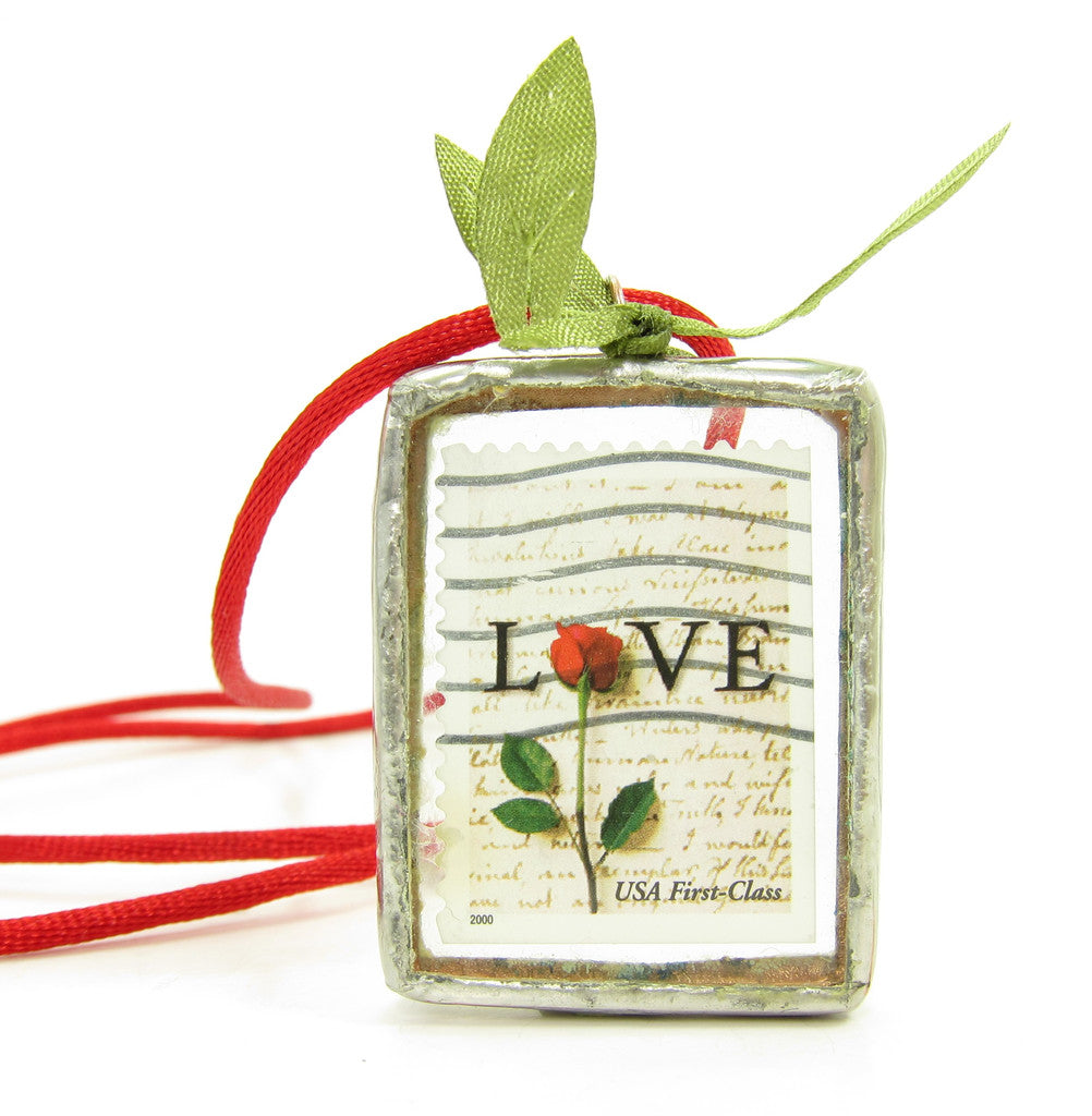 Love Stamp Soldered Pendant Necklace with Red Rose Postage Stamp