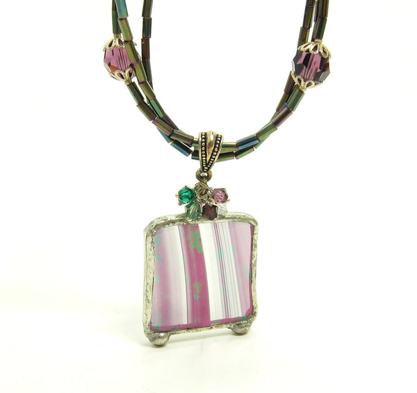 Purple Stained Glass Necklace with Black & Green Crystals | Brown Eyed Rose