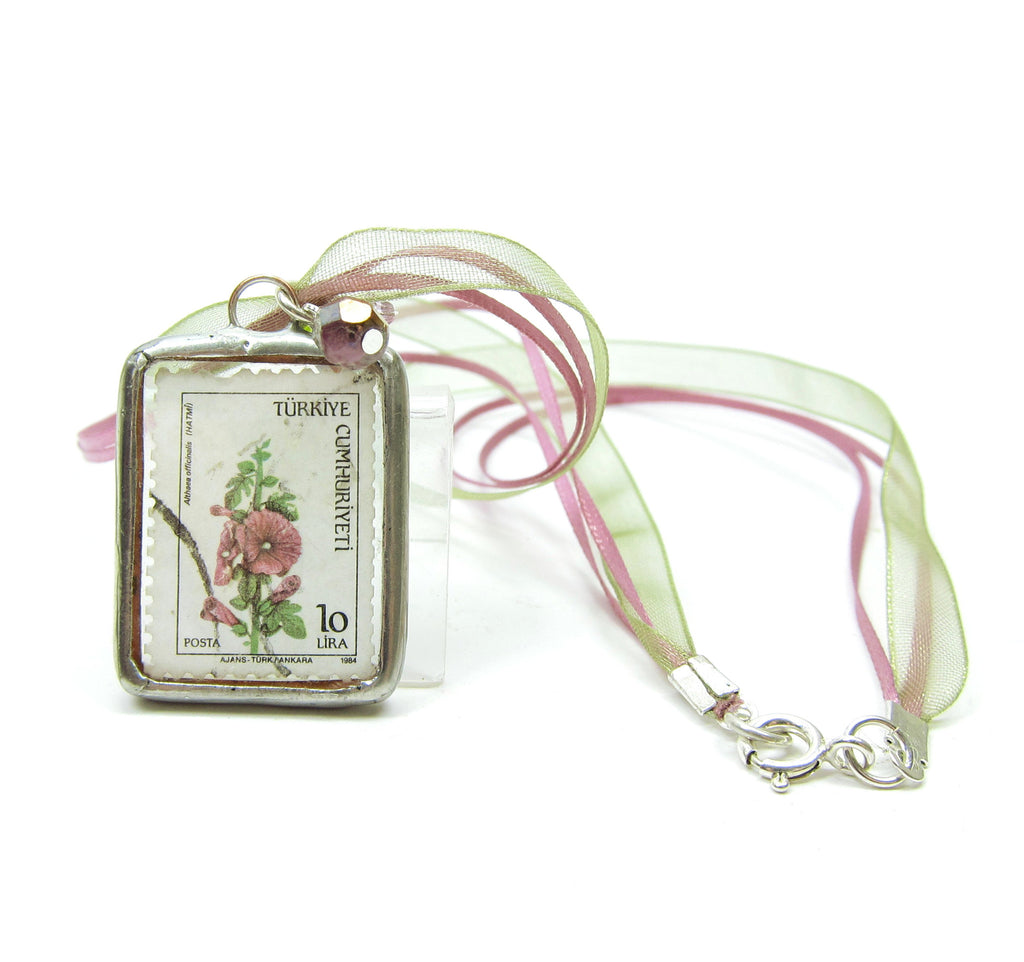 Botanical Flower Postage Stamp Necklace with Turkey Stamp