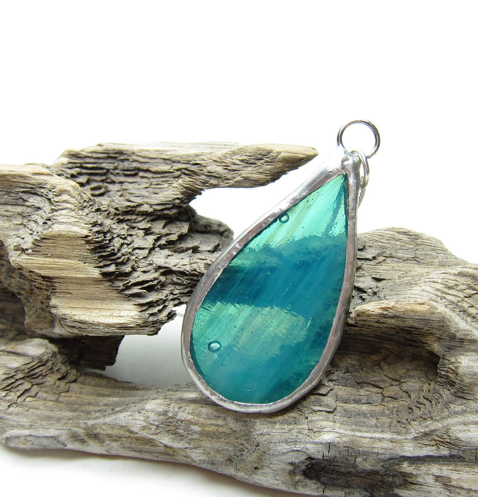 Washington Raindrop Necklace Teal Stained Glass Pendant on Sterling Silver Chain