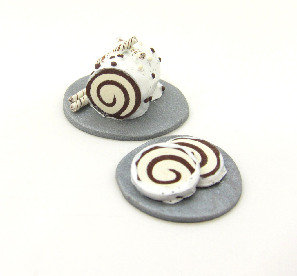 Miniature Swiss Roll Polymer Clay Dollhouse Cake Chocolate, White Frosting