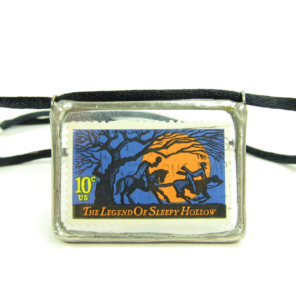 Legend of Sleepy Hollow Necklace Soldered Glass Pendant with Vintage Headless Horseman Postage Stamp