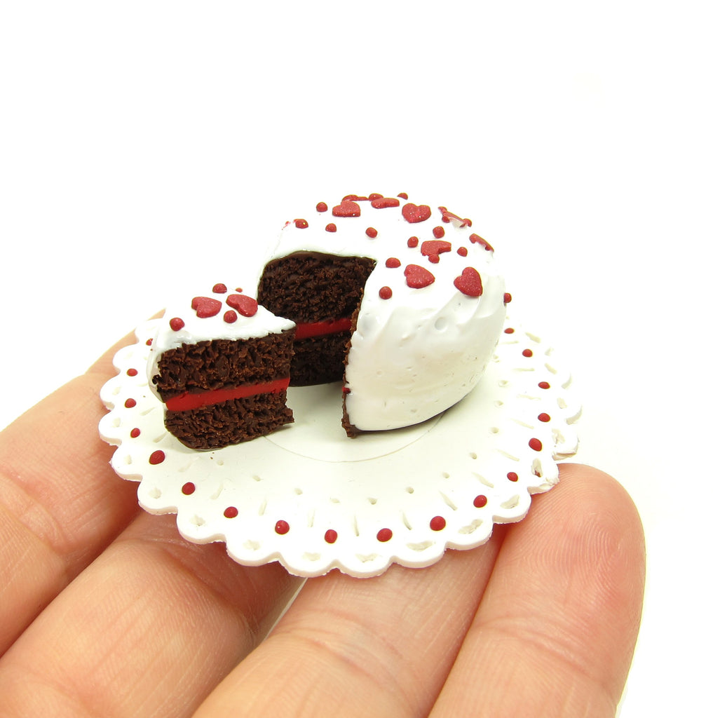 Miniature Chocolate Polymer Clay Dollhouse Cake with Red Hearts