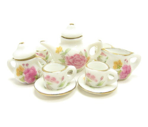 Miniature Dollhouse Tea Set - Teapot, Teacups White with Pink Flowers