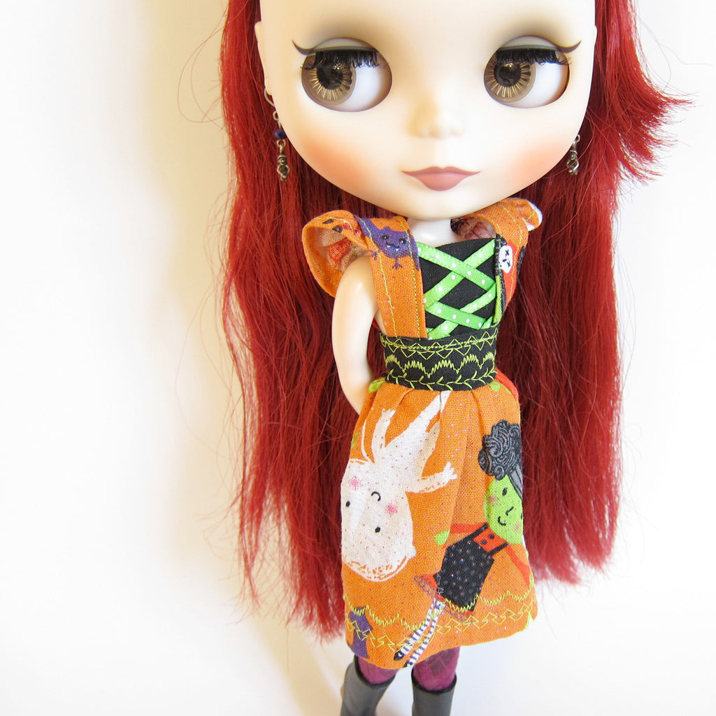 Halloween Dress for Blythe Dolls Orange with Cap Sleeves, Witches & Ghosts