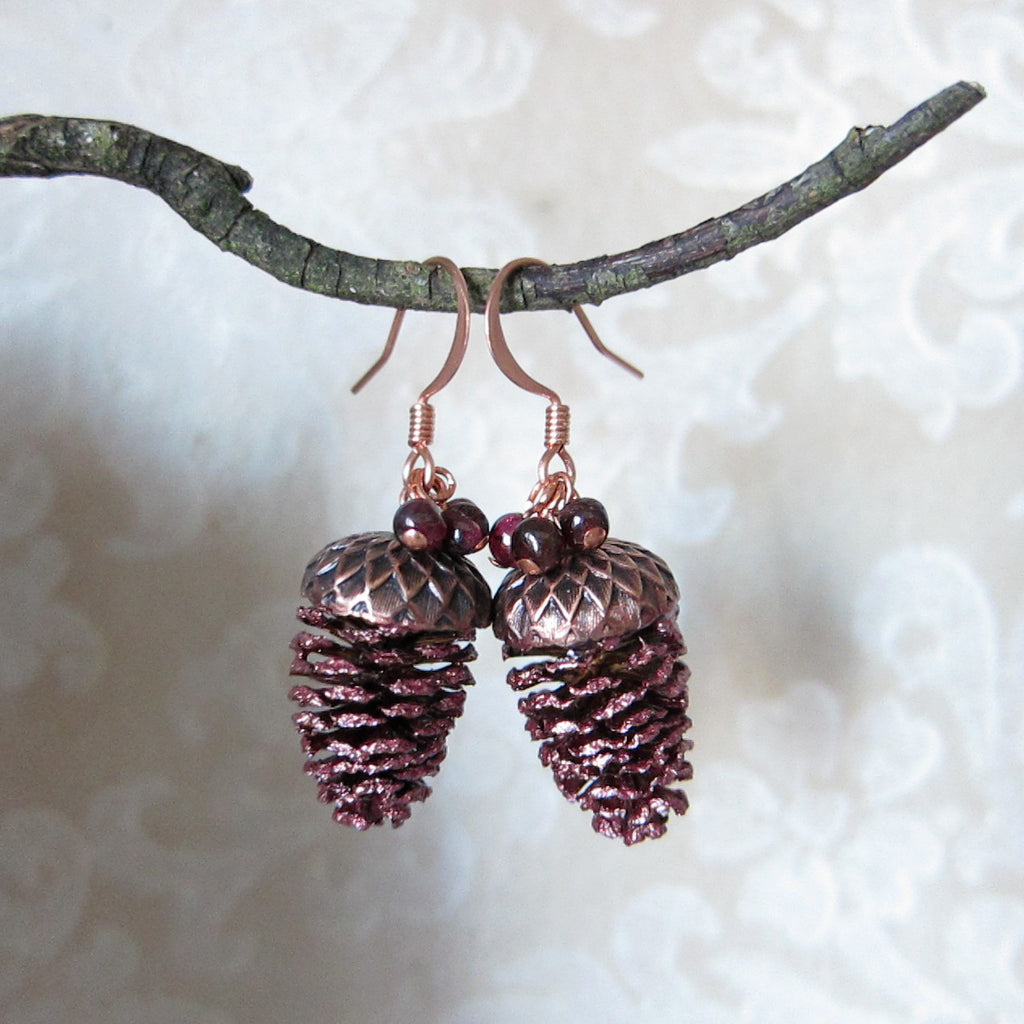 Garnet Pine Cone Earrings on Copper Ear Wires - January Birthstone