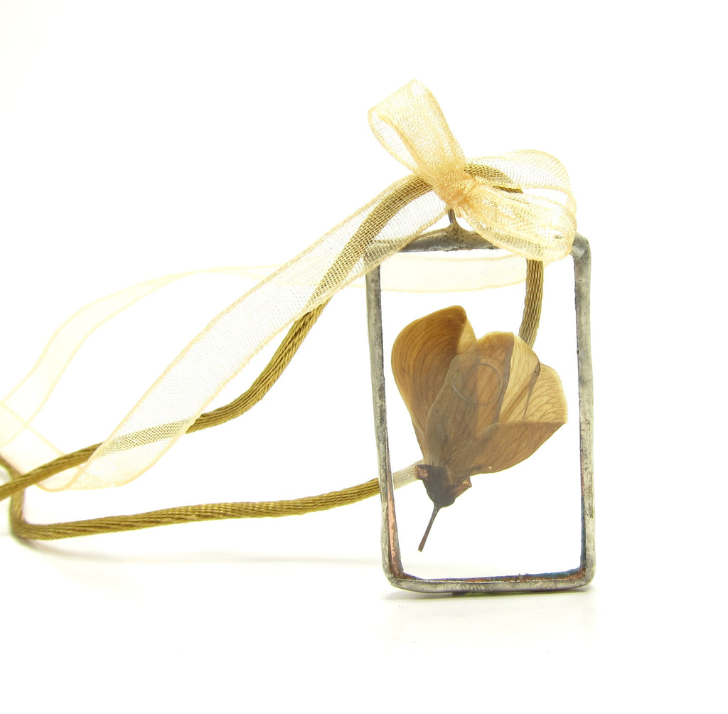 Botanical Flower Necklace Soldered Glass Pendant with Real Pressed Blossom