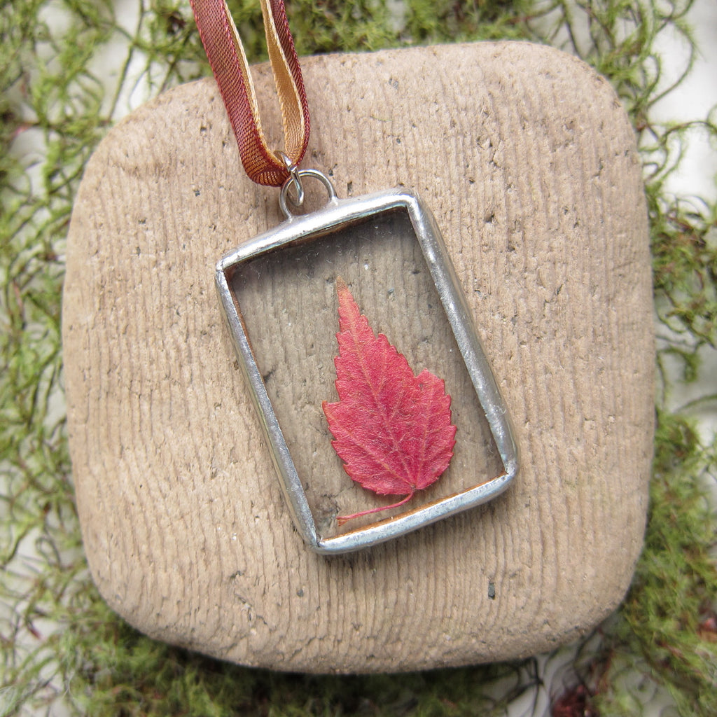 Maple Leaf Necklace Soldered Glass Pendant with Pressed Autumn Leaf