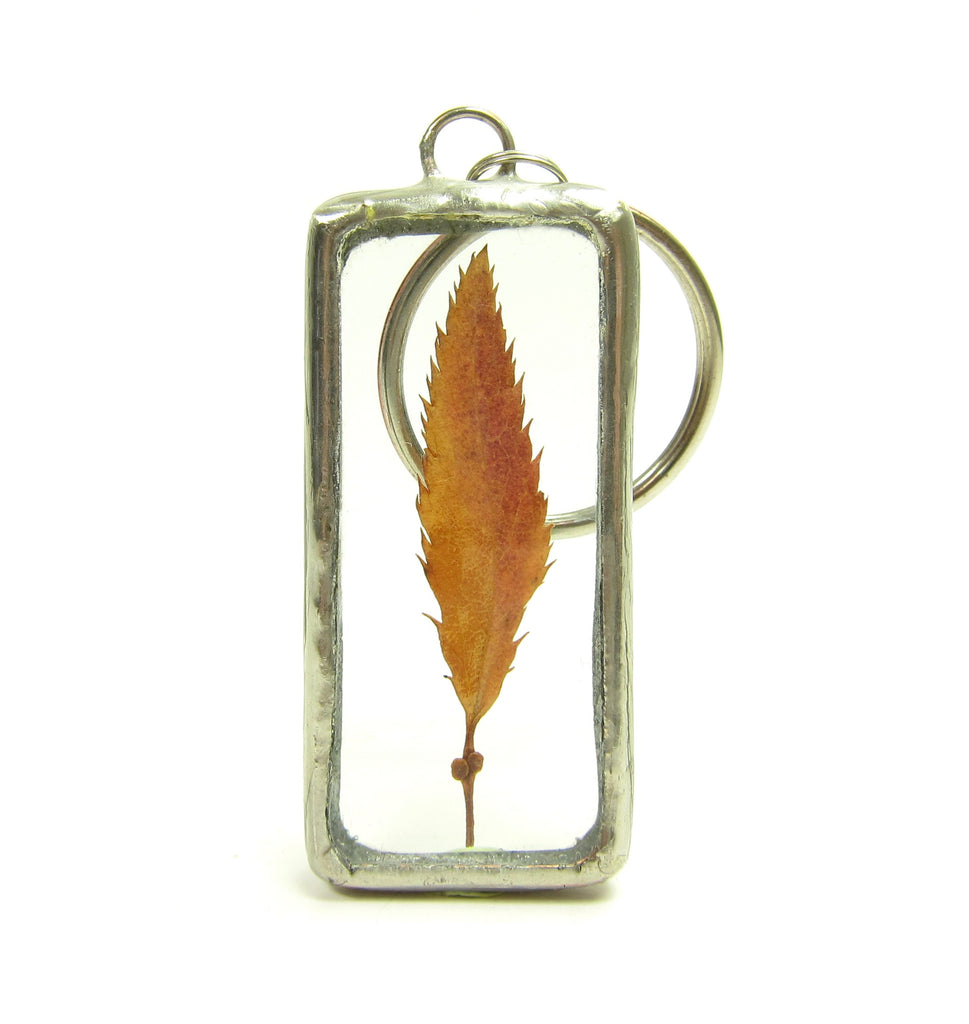 Leaf Keychain Soldered Glass Pendant with Red Orange Fall Pressed Leaf