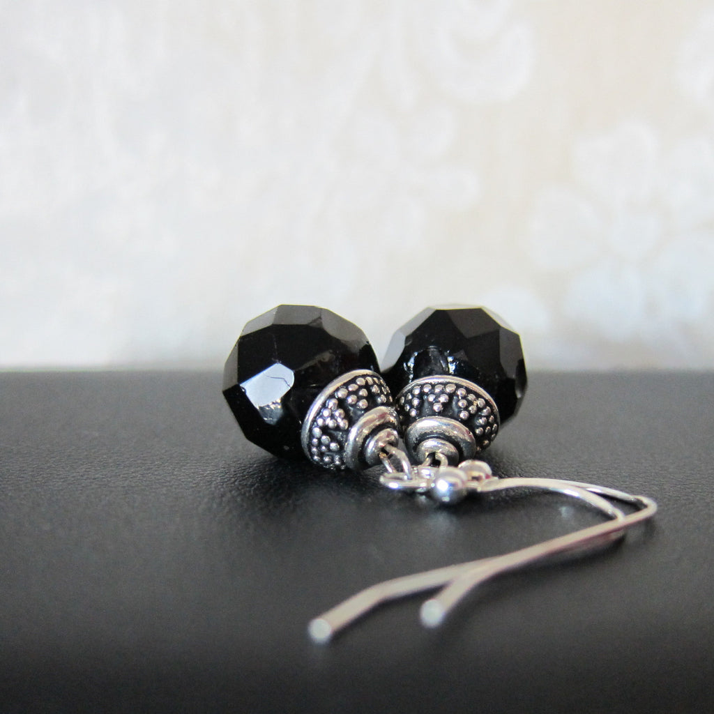 Jet Bead Earrings Made from Vintage Black Jet Buttons, Sterling Silver